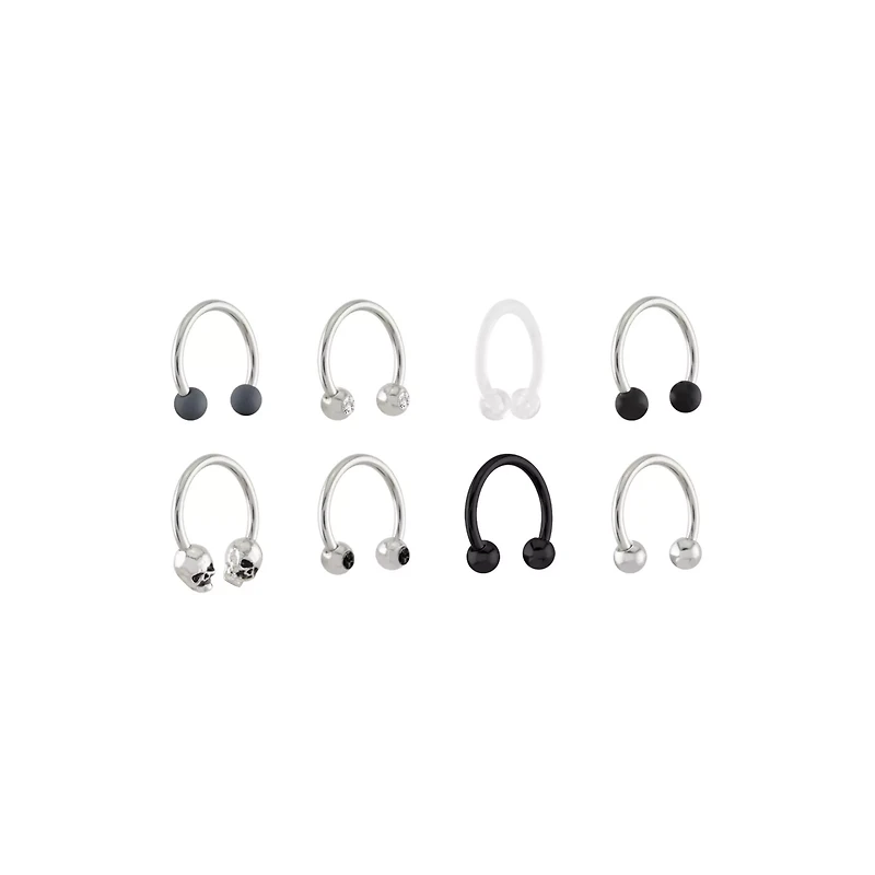 Multi-Pack Black CZ Skull Horseshoe Rings 8 Pack - 16 Gauge