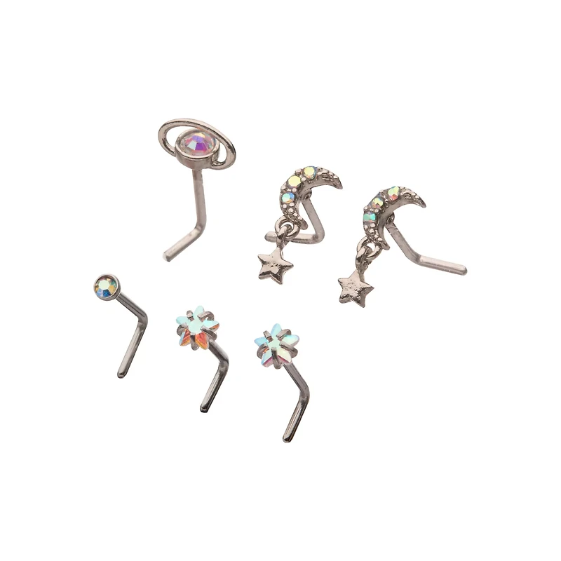 Multi-Pack CZ Moon and Star L-Bend Nose Rings - 6 Pack