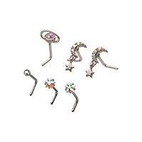 Multi-Pack CZ Moon and Star L-Bend Nose Rings - 6 Pack