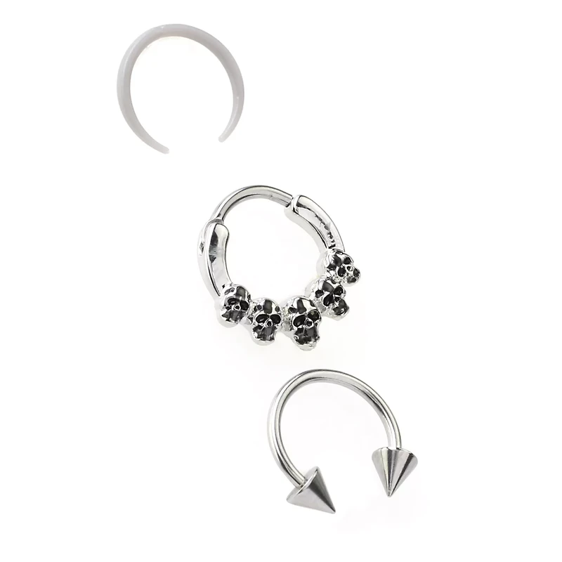 Multi-Pack Skull Hinge Nose Hoops 3 Pack - 16 Gauge