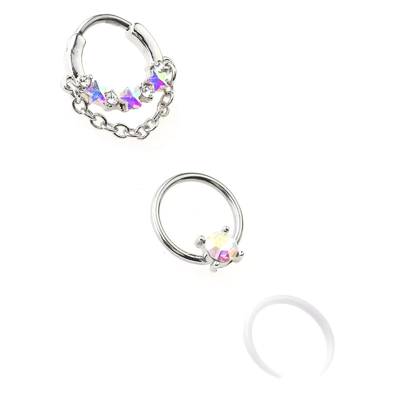 Multi-Pack Aurora Borealis Effect Nose Rings 3 Pack - 16 Gauge