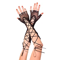 Black Mesh Fingerless Lace-Up Gloves