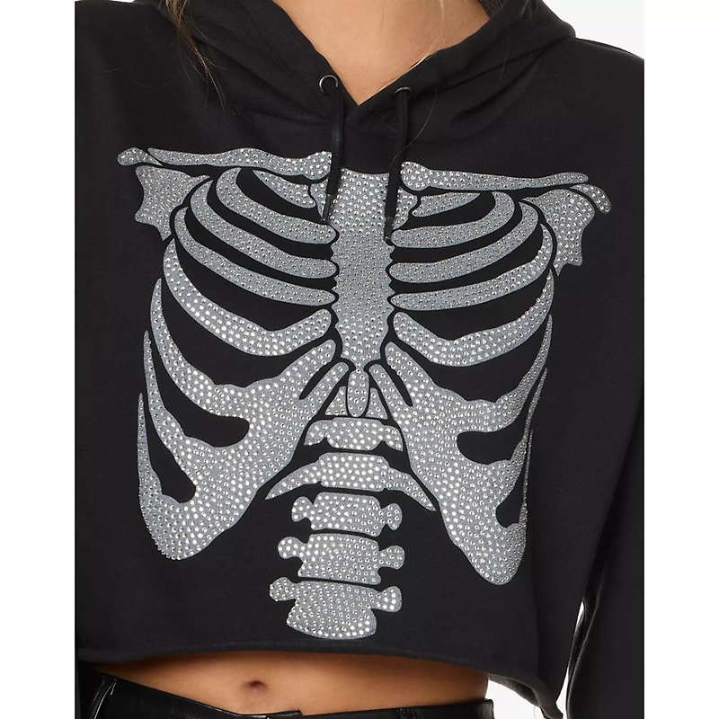 Rhinestone Skeleton Cropped Hoodie