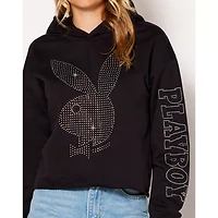 Black Playboy Rabbit Rhinestone Crop Top Hoodie
