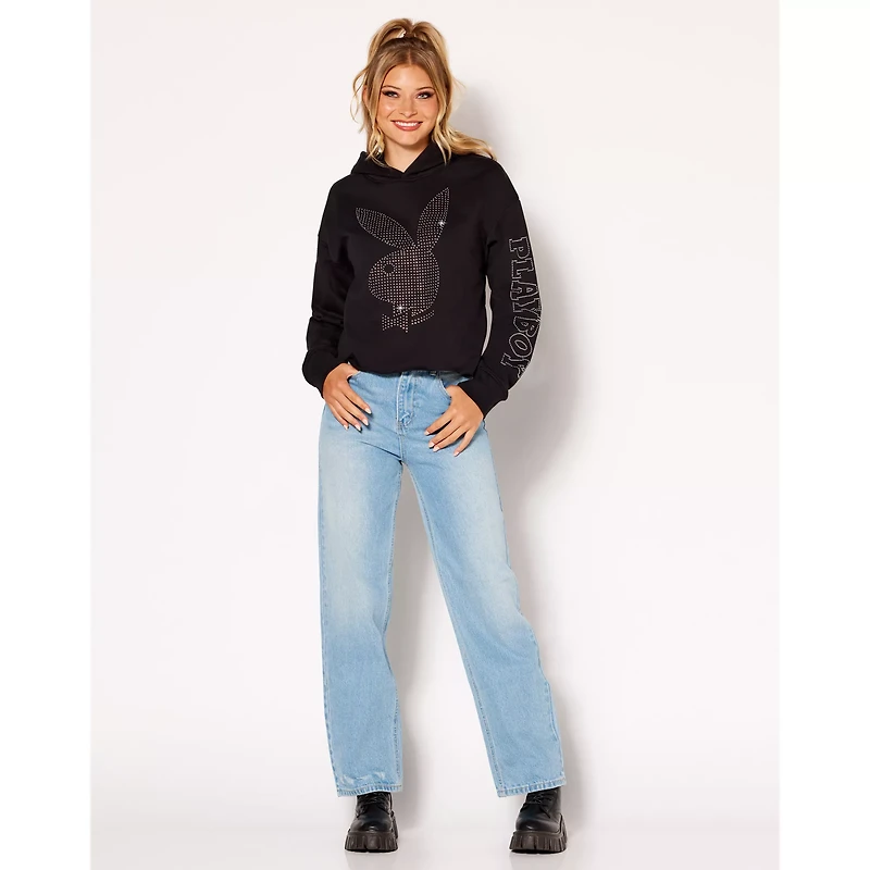 Black Playboy Rabbit Rhinestone Crop Top Hoodie