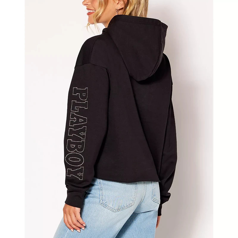 Black Playboy Rabbit Rhinestone Crop Top Hoodie
