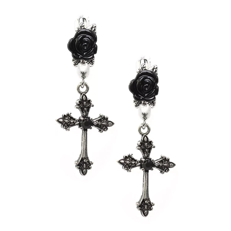 CZ Black Cross Dangle Huggie Hoop Earrings