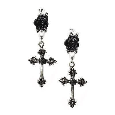 CZ Black Cross Dangle Huggie Hoop Earrings