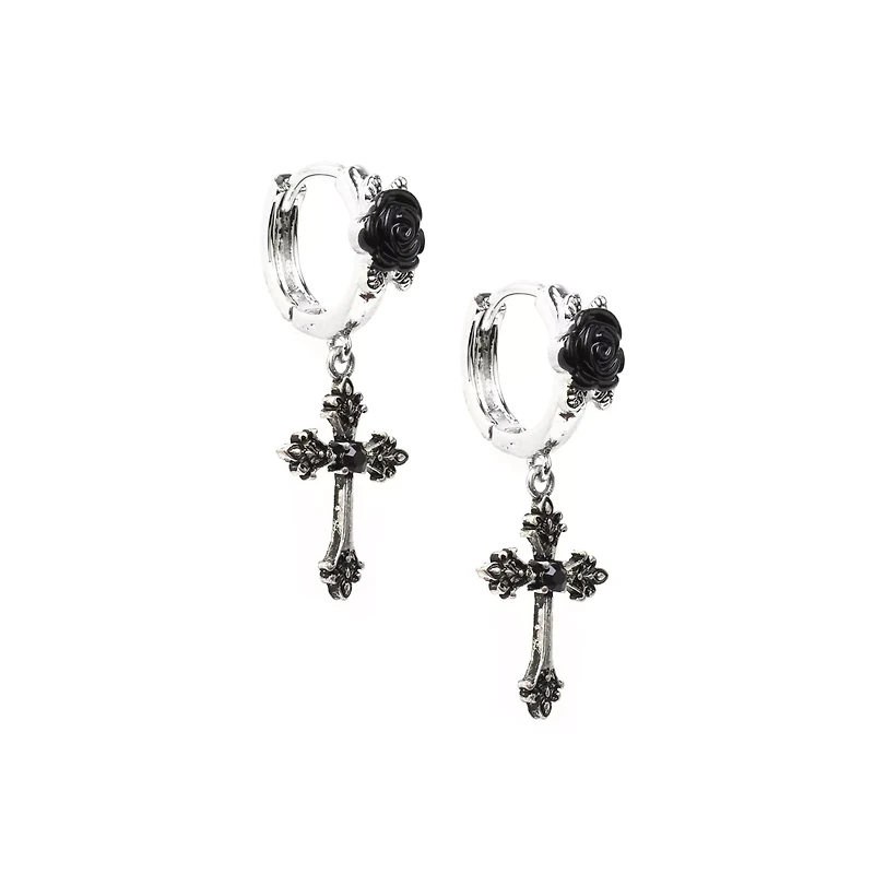 CZ Black Cross Dangle Huggie Hoop Earrings