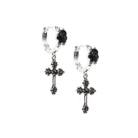 CZ Black Cross Dangle Huggie Hoop Earrings