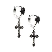 CZ Black Cross Dangle Huggie Hoop Earrings
