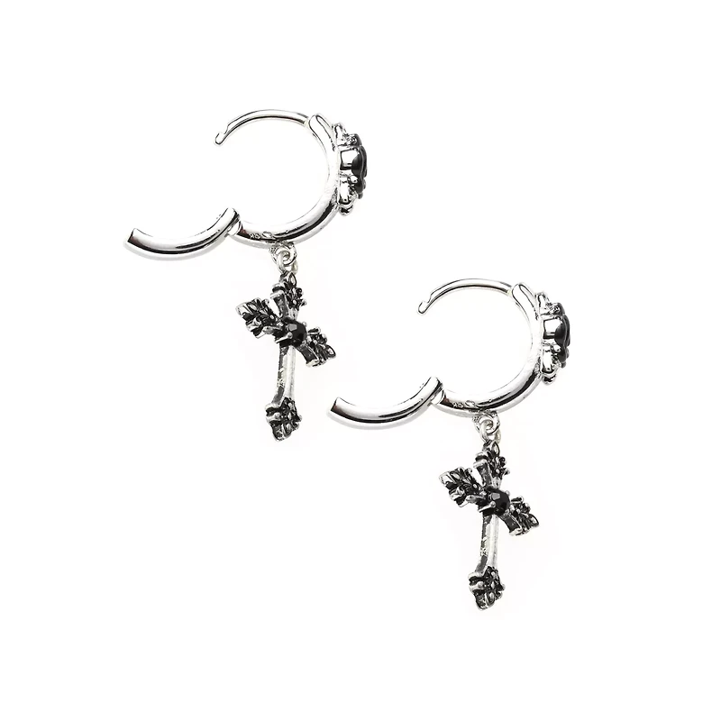 CZ Black Cross Dangle Huggie Hoop Earrings