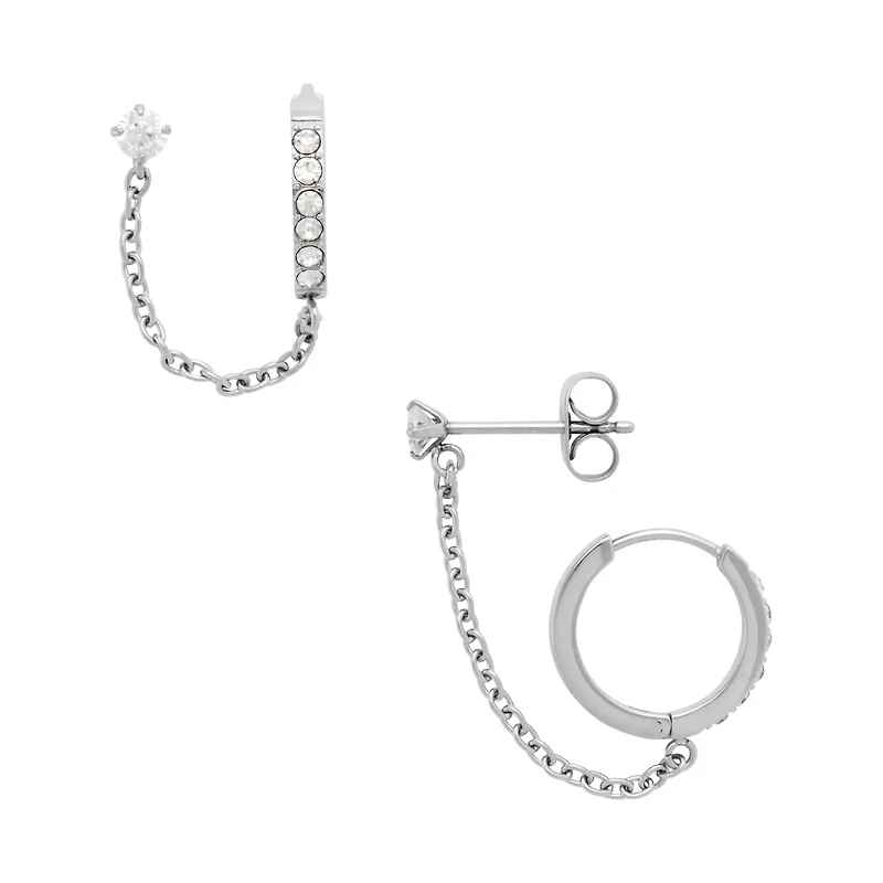 CZ Silvertone Stud Chain Dangle Huggie Hoop Earrings