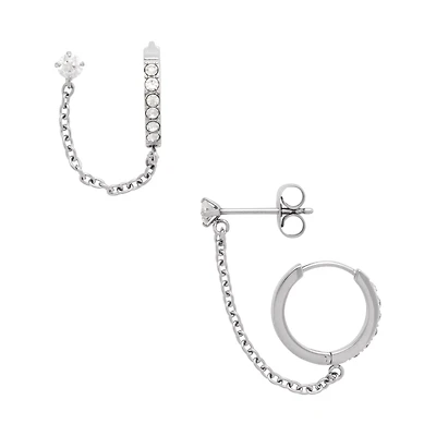 CZ Silvertone Stud Chain Dangle Huggie Hoop Earrings