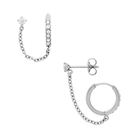 CZ Silvertone Stud Chain Dangle Huggie Hoop Earrings