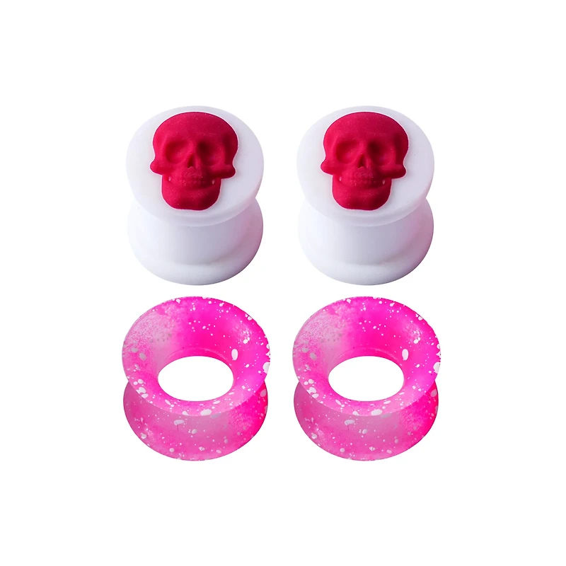 White and Pink Silicone Skull Tunnels - 2 Pairs