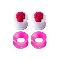 White and Pink Silicone Skull Tunnels - 2 Pairs