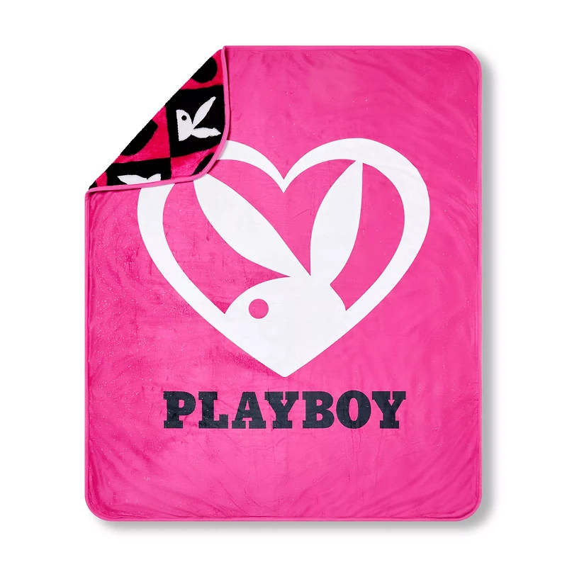 Playboy Bunny Pink Heart Reversible Fleece Blanket
