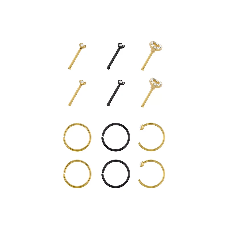 Multi-Pack Goldtone and Black Heart Nose Pins and Hoops 12 Pack - 20 Gauge