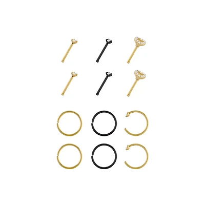 Multi-Pack Goldtone and Black Heart Nose Pins and Hoops 12 Pack - 20 Gauge
