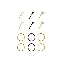 Multi-Pack Goldtone and Black Heart Nose Pins and Hoops 12 Pack - 20 Gauge