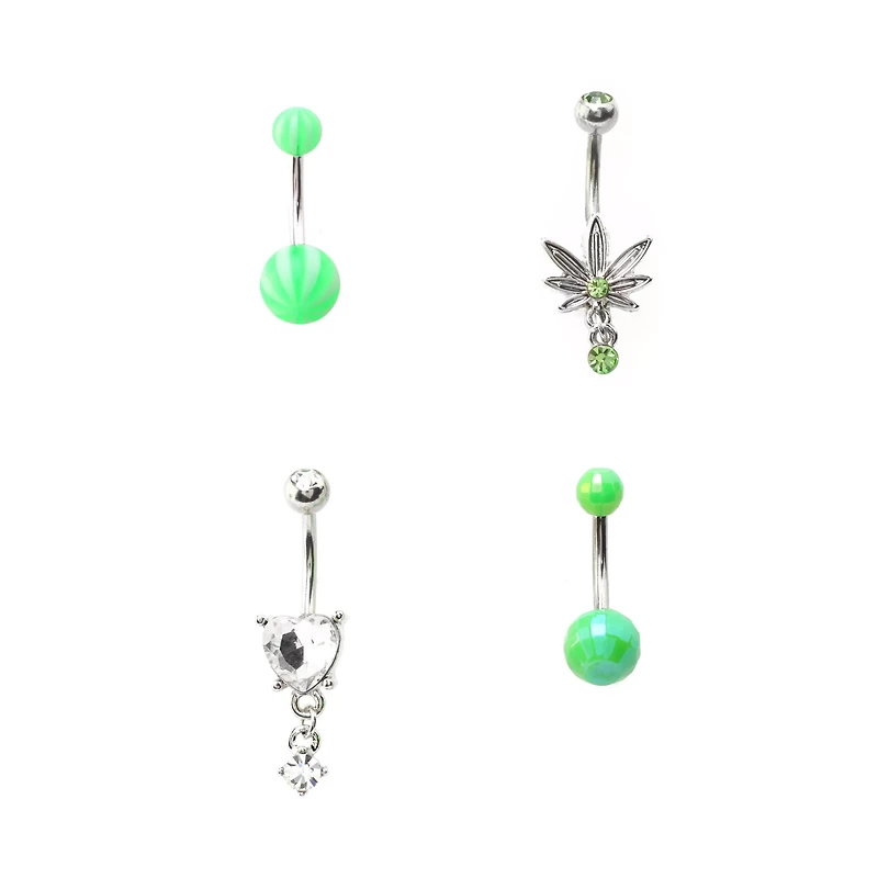 Multi-Pack Green Leaf Dangle Belly Rings 4 Pack - 14 Gauge