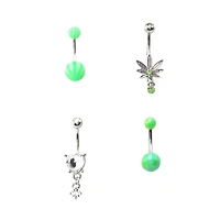 Multi-Pack Green Leaf Dangle Belly Rings 4 Pack - 14 Gauge