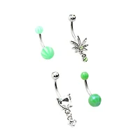 Multi-Pack Green Leaf Dangle Belly Rings 4 Pack - 14 Gauge