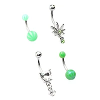 Multi-Pack Green Leaf Dangle Belly Rings 4 Pack - 14 Gauge