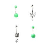 Multi-Pack Green Leaf Dangle Belly Rings 4 Pack - 14 Gauge