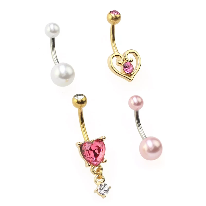 Multi-Pack Pink Heart Dangle Belly Rings 4 Pack - 14 Gauge