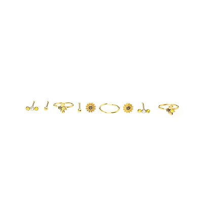 Multi-Pack Round CZ Goldtone Sunflower Nose Rings 9 Pack - 20 Gauge