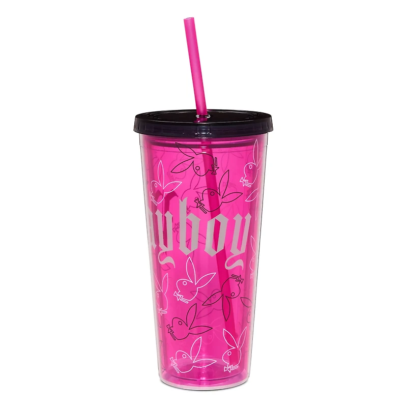 Playboy Bunny Gothic Print Cup with Straw - 20 oz.
