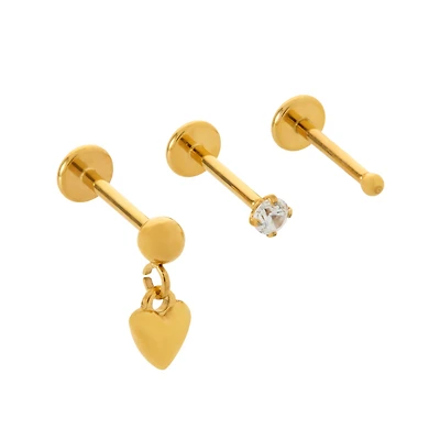 Multi-Pack CZ Goldtone Heart Labret Lip Rings 3 Pack - 18 Gauge