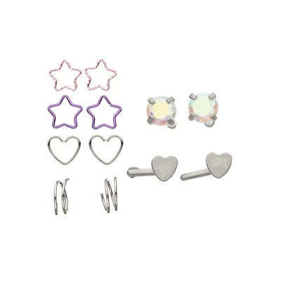 Multi-Pack CZ Star and Heart Shaped Nose Hoops and L-Bend Nose Rings 12 Pack - 20 Gauge