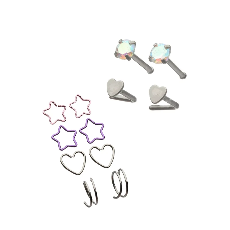 Multi-Pack CZ Star and Heart Shaped Nose Hoops and L-Bend Nose Rings 12 Pack - 20 Gauge