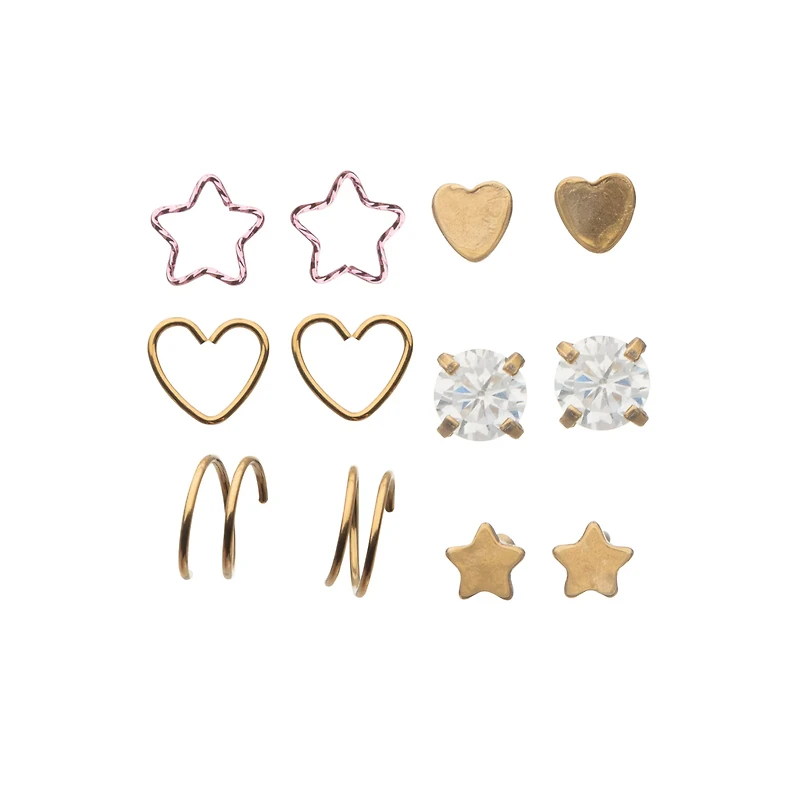 Multi-Pack Goldtone Heart Star Pin and Hoop Nose Rings 12 Pack - 20 Gauge