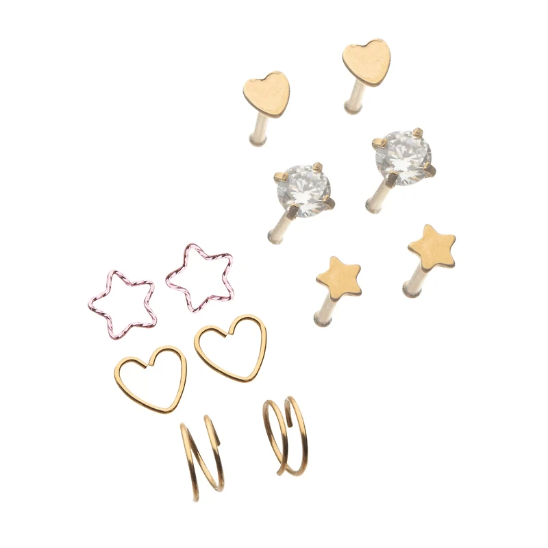 Multi-Pack Goldtone Heart Star Pin and Hoop Nose Rings 12 Pack - 20 Gauge