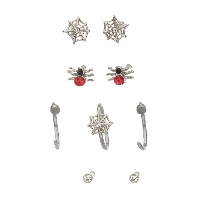 Multi-Pack CZ Spider and Spider Web Hoop and Pin Nose Rings 9 Pack - 20 Gauge