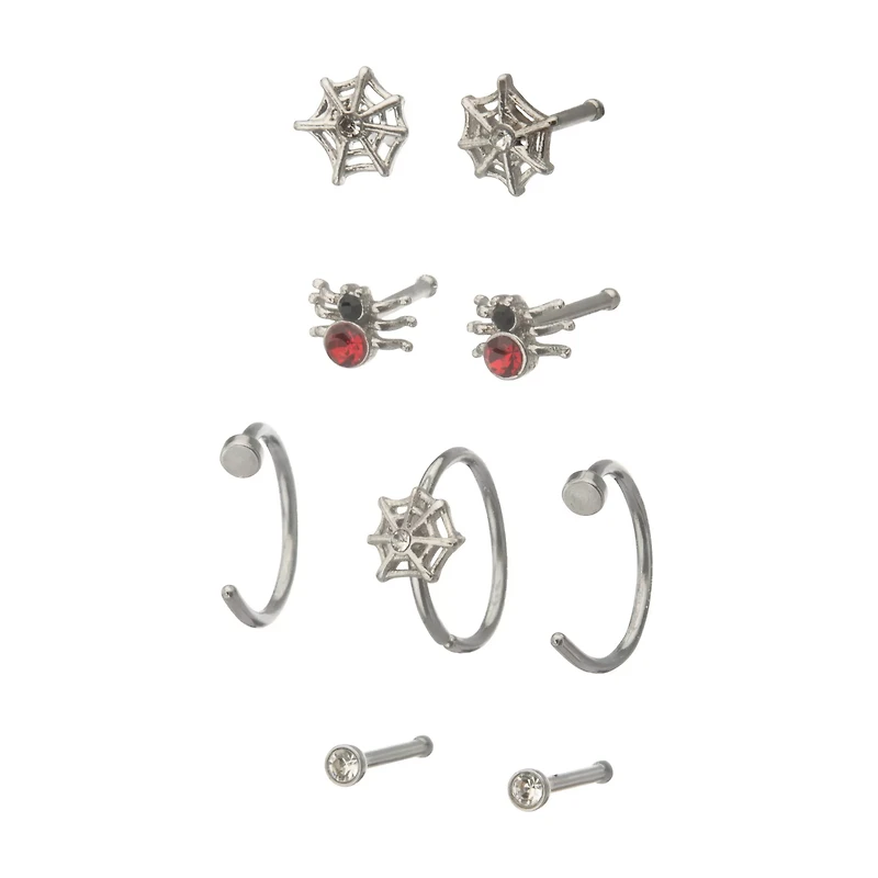 Multi-Pack CZ Spider and Spider Web Hoop and Pin Nose Rings 9 Pack - 20 Gauge