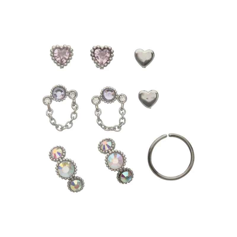 Multi-Pack CZ Pink and Purple Chain Nose Pins and Hoops 9 Pack - 20 Gauge