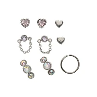 Multi-Pack CZ Pink and Purple Chain Nose Pins and Hoops 9 Pack - 20 Gauge