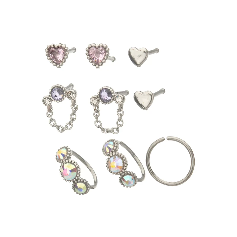 Multi-Pack CZ Pink and Purple Chain Nose Pins and Hoops 9 Pack - 20 Gauge