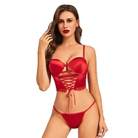 Red Satin Lace-Up Corset and G-String Panties Set