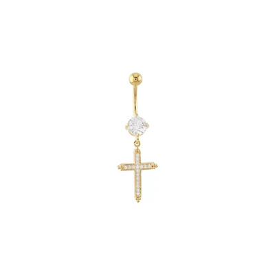 CZ Goldtone Cross Dangle Belly Ring - 14 Gauge