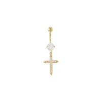 CZ Goldtone Cross Dangle Belly Ring - 14 Gauge