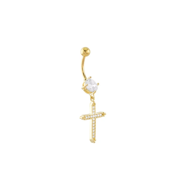 CZ Goldtone Cross Dangle Belly Ring - 14 Gauge