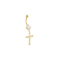 CZ Goldtone Cross Dangle Belly Ring - 14 Gauge