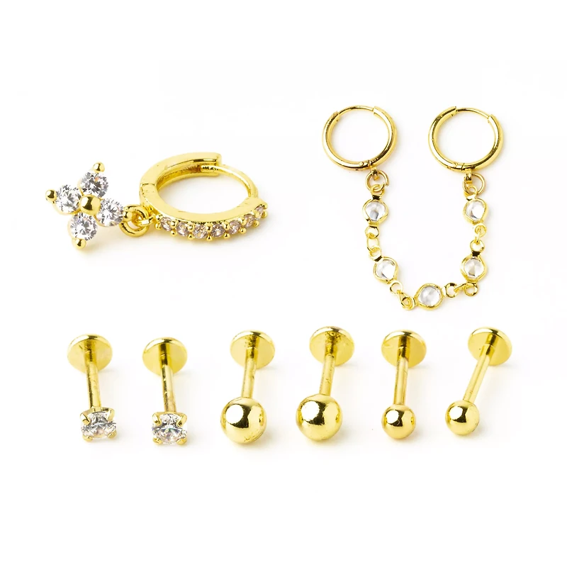 Multi-Pack Goldtone CZ Cartilage Pins and Hoops 8 Pack - 18 Gauge