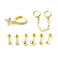 Multi-Pack Goldtone CZ Cartilage Pins and Hoops 8 Pack - 18 Gauge